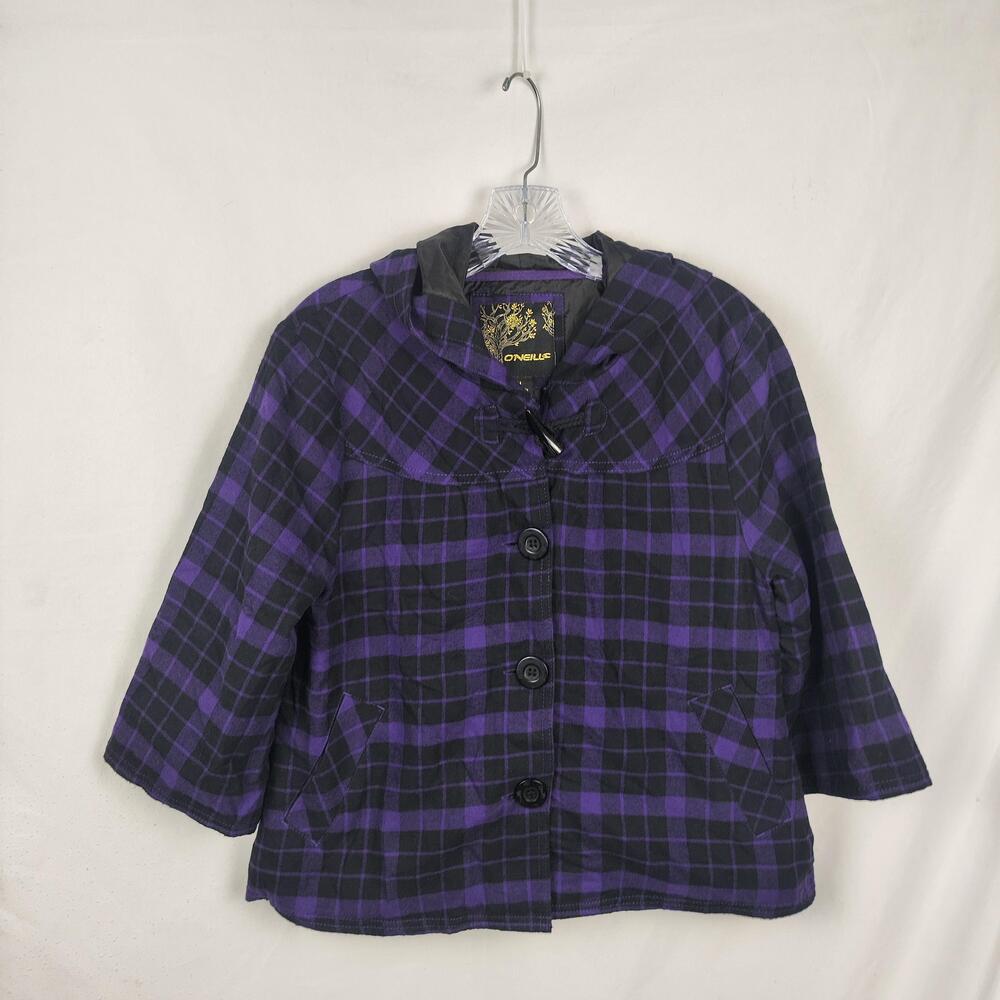 O'Neills Jacket Womens Medium Purple Plaid Flannel Hooded Button 3/4 Sleeve